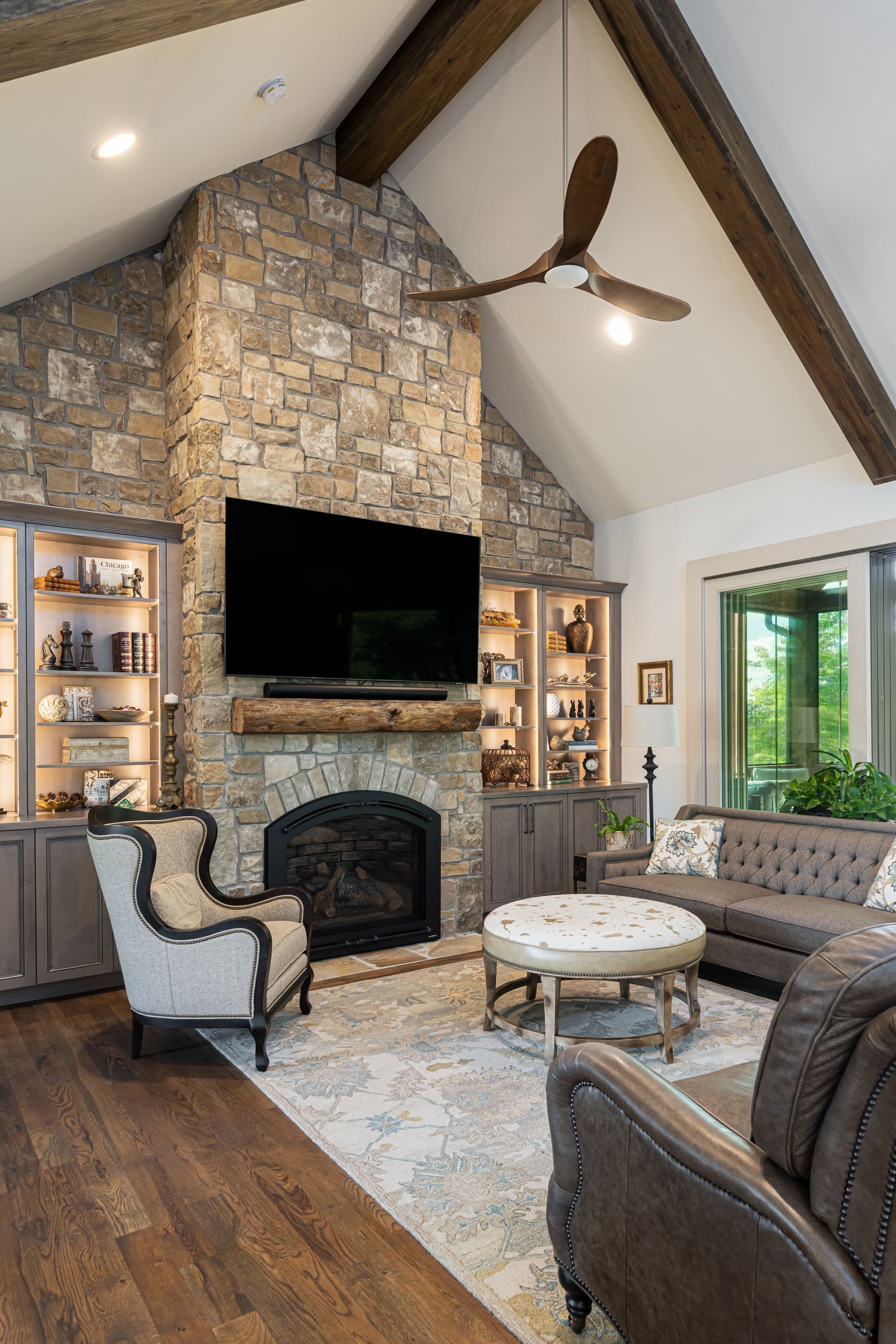Living room ceiling detail with natural wood beams